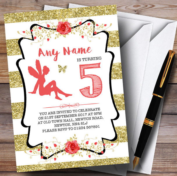 Gold Stripes Fairy Children's Birthday Party Invitations