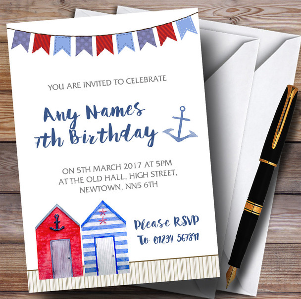 Beach Hut Watercolour Children's Birthday Party Invitations