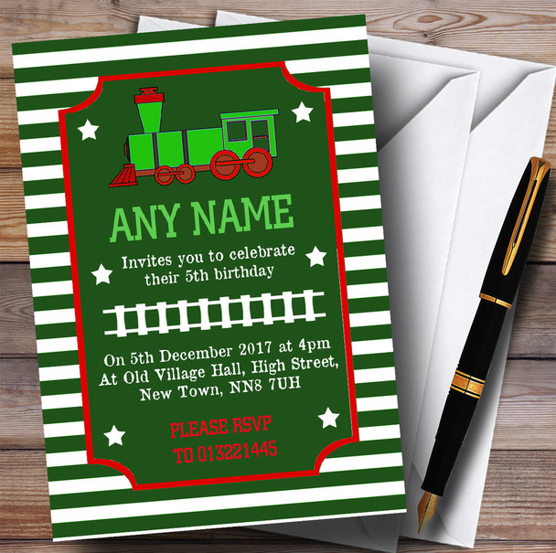 Green & Red Striped Train Children's Birthday Party Invitations