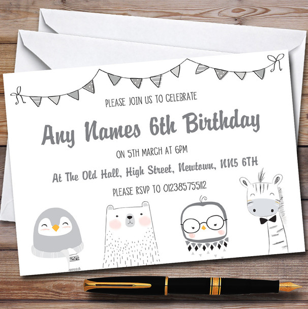 Greyscale Animals Children's Birthday Party Invitations