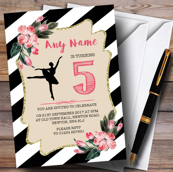 Black & White Floral Ballerina Ballet Children's Birthday Party Invitations