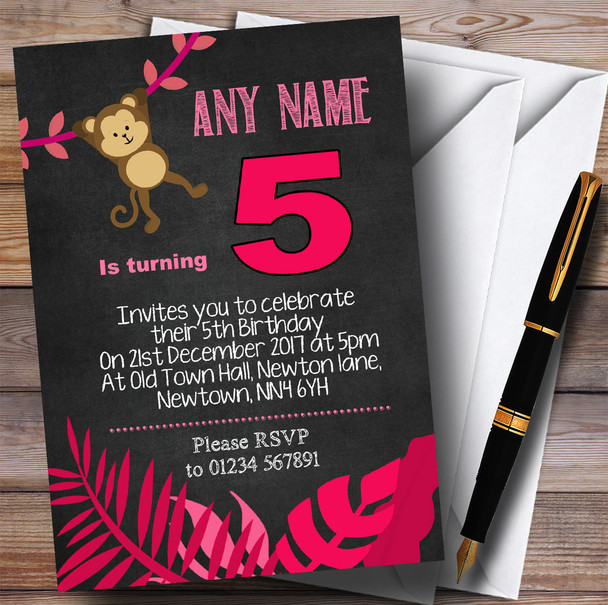 Pink Chalk Style Swinging Monkey Jungle Children's Birthday Party Invitations