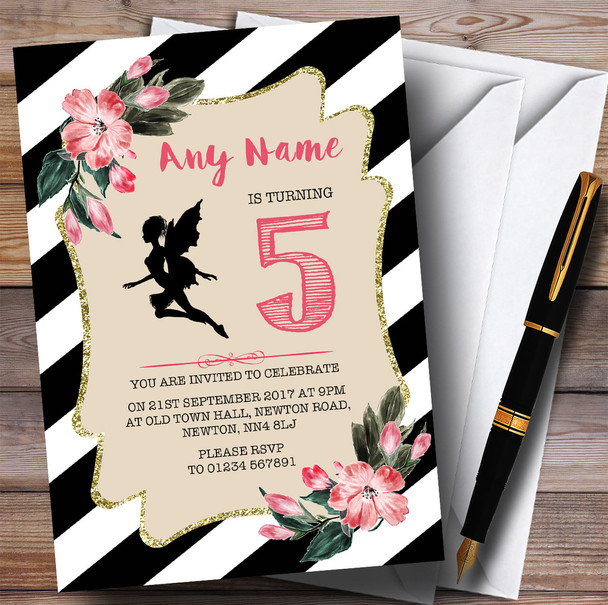 Black & White Floral Fairy Children's Birthday Party Invitations