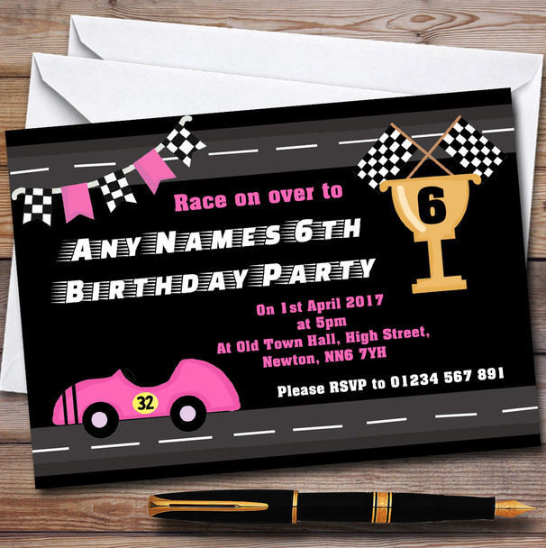 Pink Girls Racing Car & Flag Children's Birthday Party Invitations