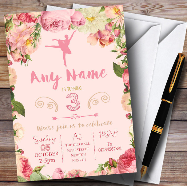 Pink Roses Ballerina Ballet Children's Birthday Party Invitations