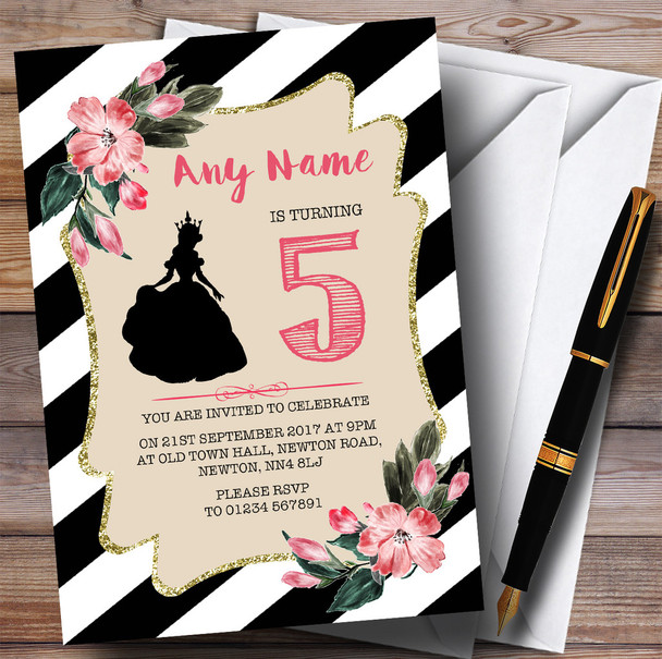 Black & White Floral Princess Children's Birthday Party Invitations