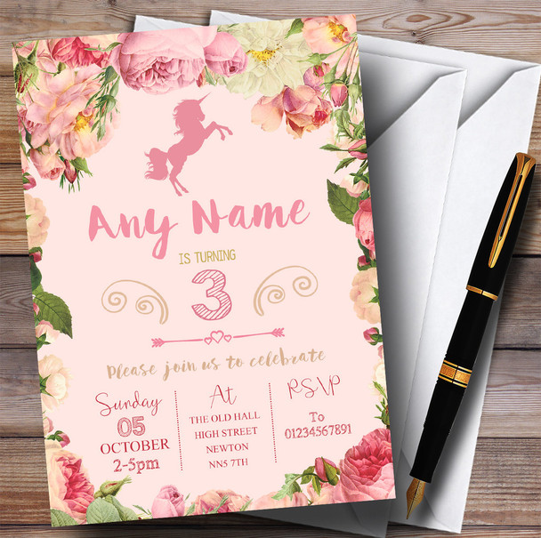 Pink Roses Unicorn Children's Birthday Party Invitations