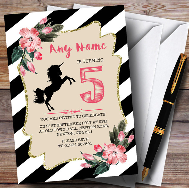 Black & White Floral Unicorn Children's Birthday Party Invitations