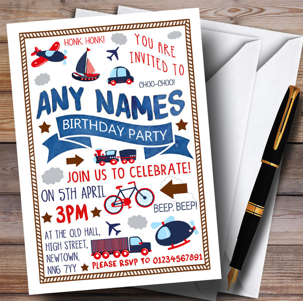 Plane Train Boat Transport Children's Birthday Party Invitations