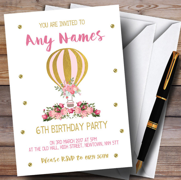 Pretty Pink Floral Hot Air Balloon Children's Birthday Party Invitations