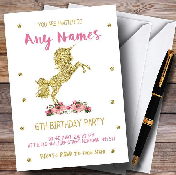 Pretty Pink Floral Unicorn Children's Birthday Party Invitations Pretty Pink Floral Unicorn Children's Birthday Party Invitations