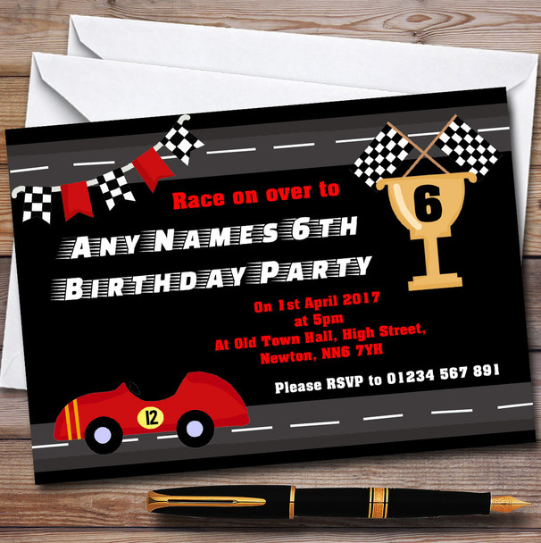 Red Racing Car & Flag Children's Birthday Party Invitations