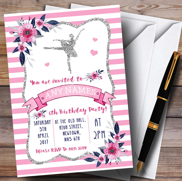 Silver & Pink Ballerina Ballet Children's Birthday Party Invitations