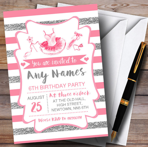 Silver & Pink Stripes Ballerina Ballet Children's Birthday Party Invitations