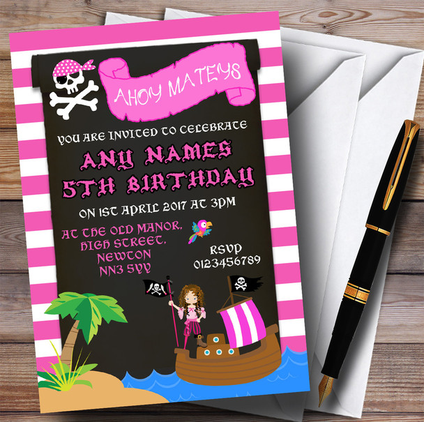 Stripy Pink Girls Pirate Children's Birthday Party Invitations