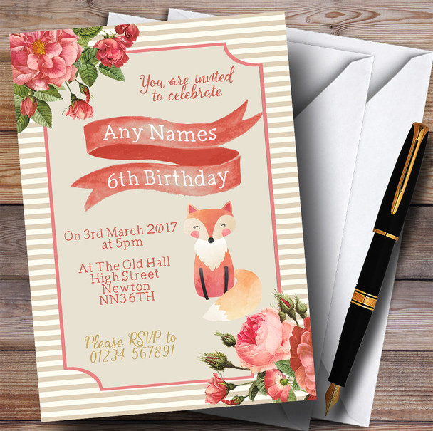 Stripy Floral Pink Gold Fox Children's Birthday Party Invitations