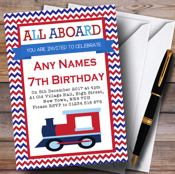 Blue & Red Chevrons Train Children's Birthday Party Invitations