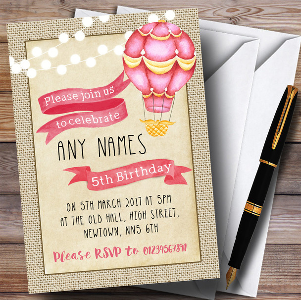 Vintage Burlap Girls Pink Hot Air Balloon Children's Birthday Party Invitations