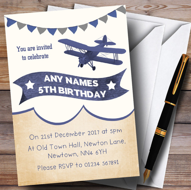 Vintage Plane Cloud Blue Children's Birthday Party Invitations