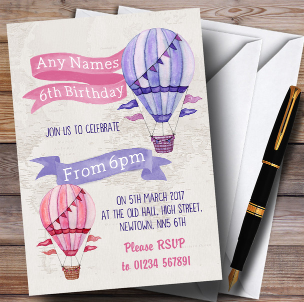 Vintage Watercolour Girls Hot Hair Balloon Children's Birthday Party Invitations