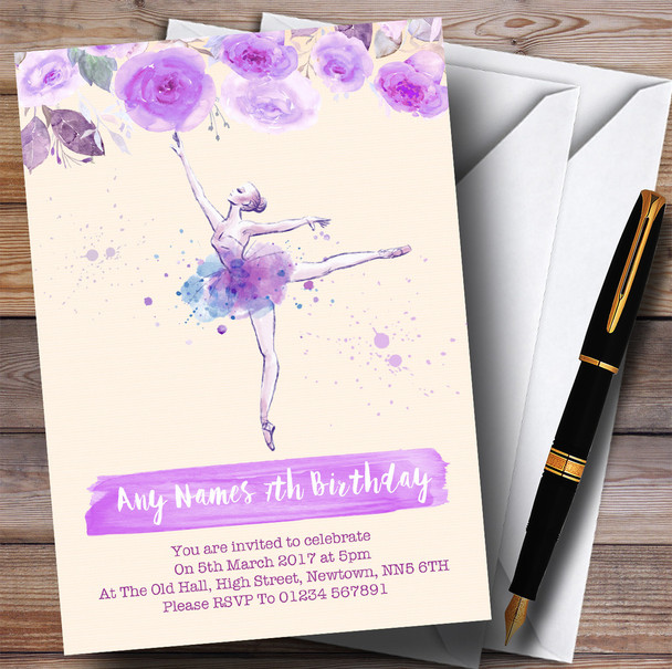 Watercolour Floral Ballerina Ballet Purple Children's Birthday Party Invitations