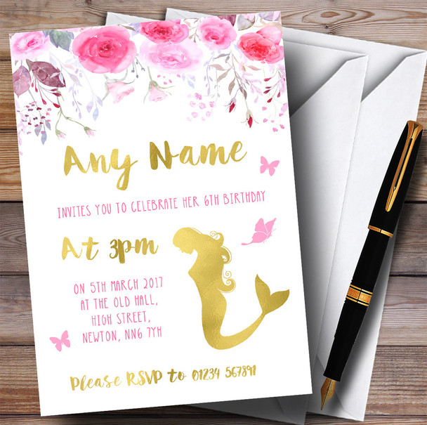 Watercolour Pink Gold Floral Mermaid Children's Birthday Party Invitations