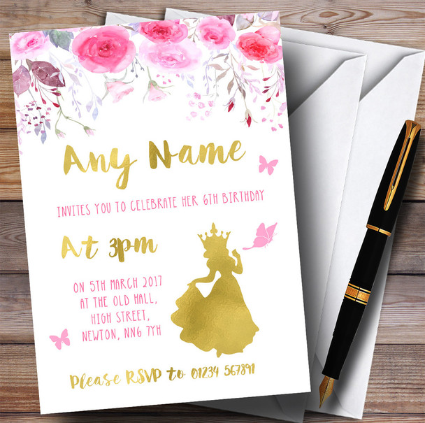 Watercolour Pink Gold Floral Princess Children's Birthday Party Invitations