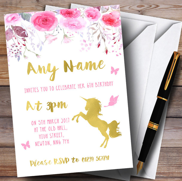Watercolour Pink Gold Floral Unicorn Children's Birthday Party Invitations