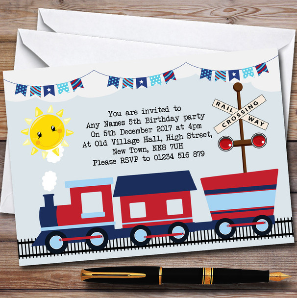 Blue & Red Train Children's Birthday Party Invitations