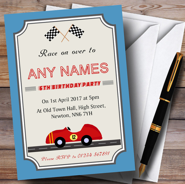 Blue Border Racing Car Children's Birthday Party Invitations