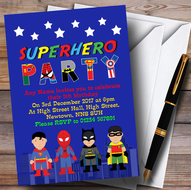 Blue Skyline Superhero Children's Birthday Party Invitations Blue Skyline Superhero Children's Birthday Party Invitations