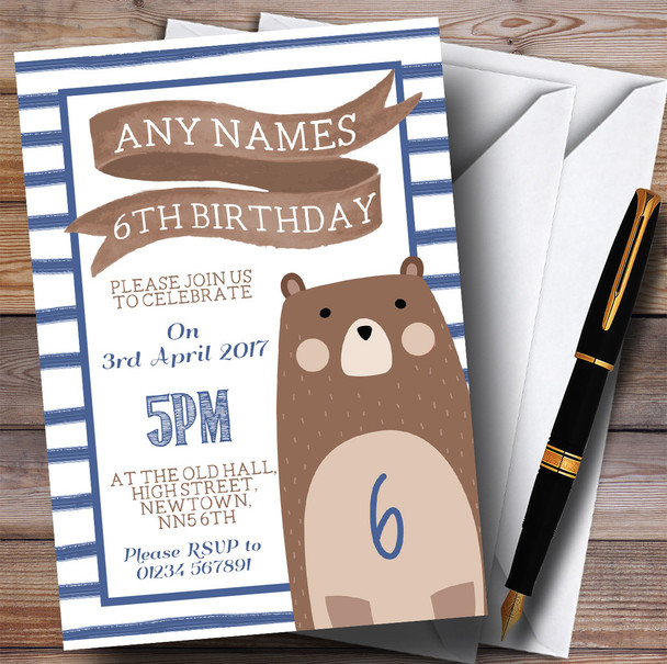 Blue Stripes Teddy Bear Children's Birthday Party Invitations