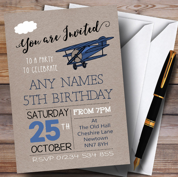 Blue Vintage Aeroplane Cloud Children's Birthday Party Invitations