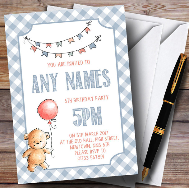 Boys Blue Teddy Bear Picnic Children's Birthday Party Invitations