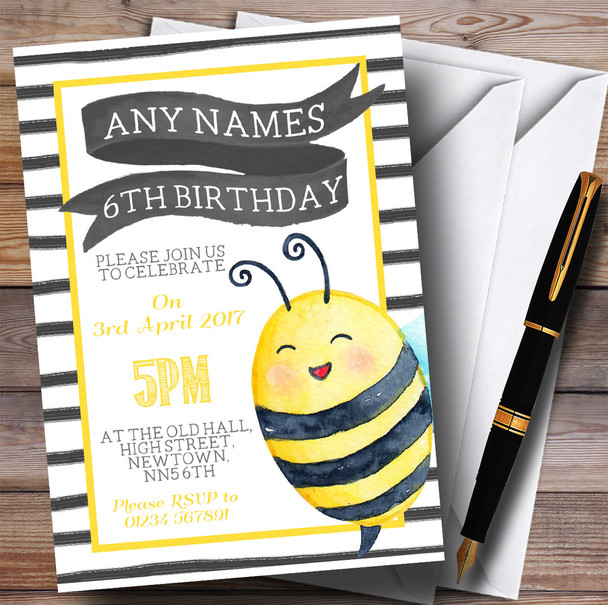 Bumble Bee Watercolour Children's Birthday Party Invitations