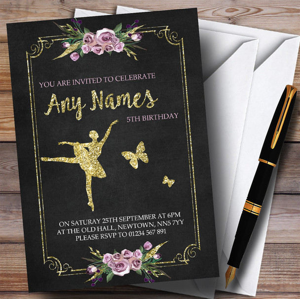 Chalk & Gold Floral Ballerina Ballet Children's Birthday Party Invitations