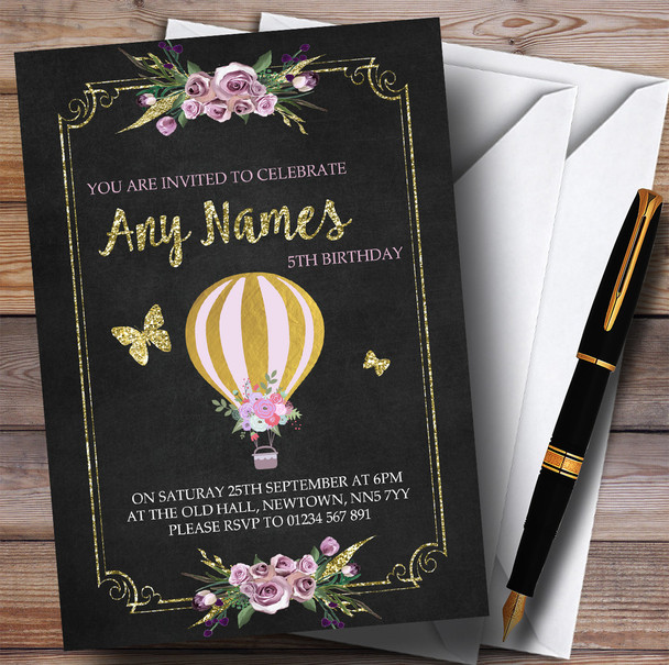 Chalk & Gold Floral Hot Air Balloon Children's Birthday Party Invitations Chalk & Gold Floral Hot Air Balloon Children's Birthday Party Invitations