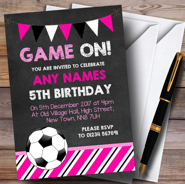 Chalk Bunting Football Pink Girls Children's Birthday Party Invitations