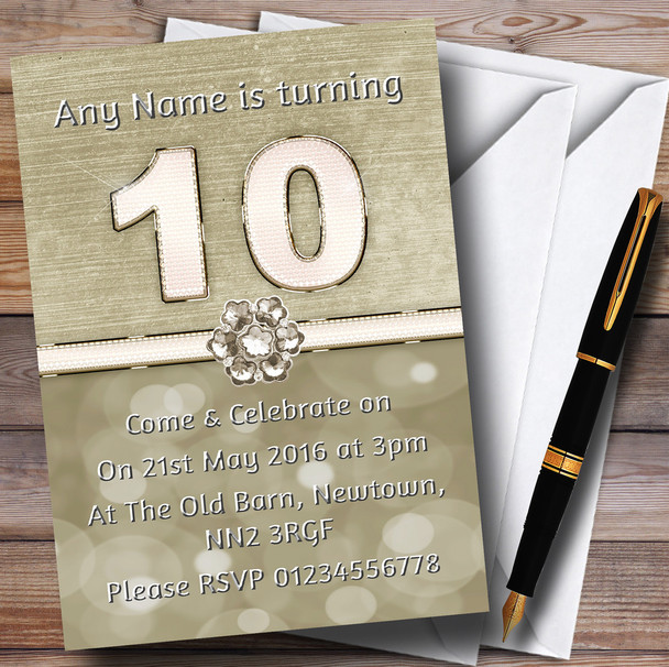 Titanium Gold And White 10Th Personalized Birthday Party Invitations