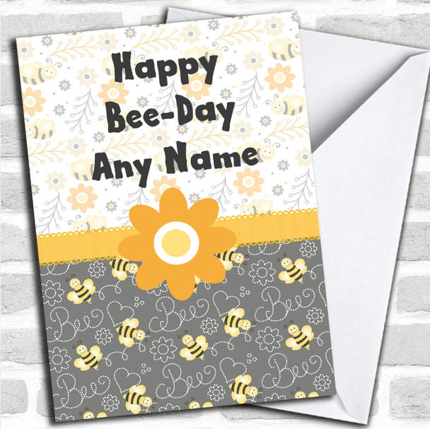 Grey Orange Funny Bee Personalized Birthday Card