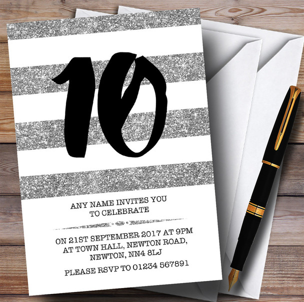 Glitter Silver & White Striped 10th Personalized Birthday Party Invitations