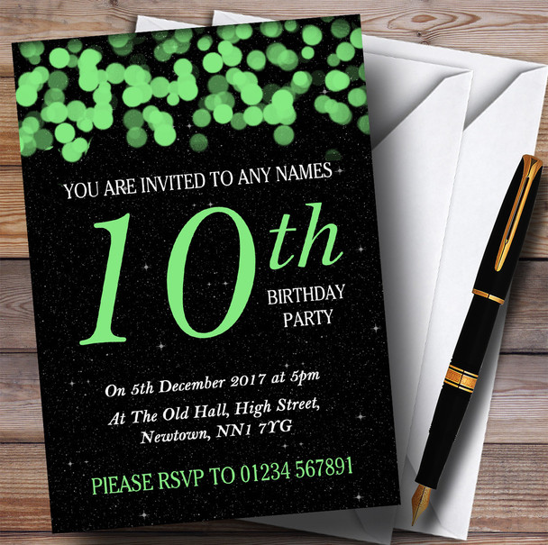 Green Bokeh & Stars 10th Personalized Birthday Party Invitations