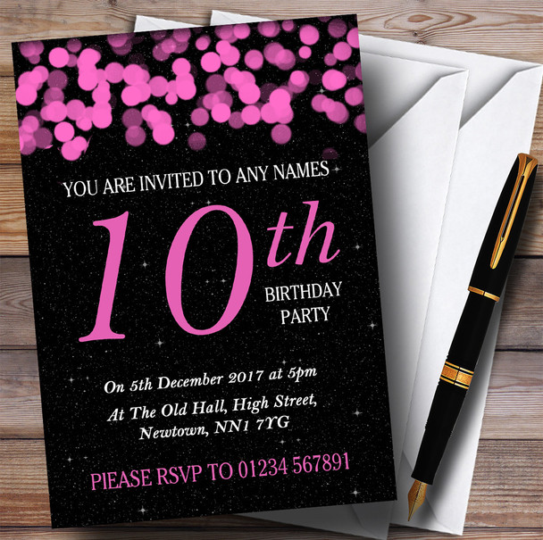 Pink Bokeh & Stars 10th Personalized Birthday Party Invitations