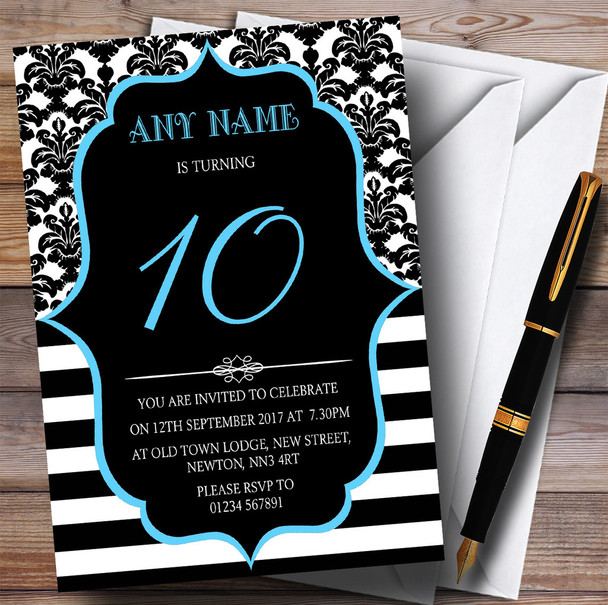 Vintage Damask Blue 10th Personalized Birthday Party Invitations