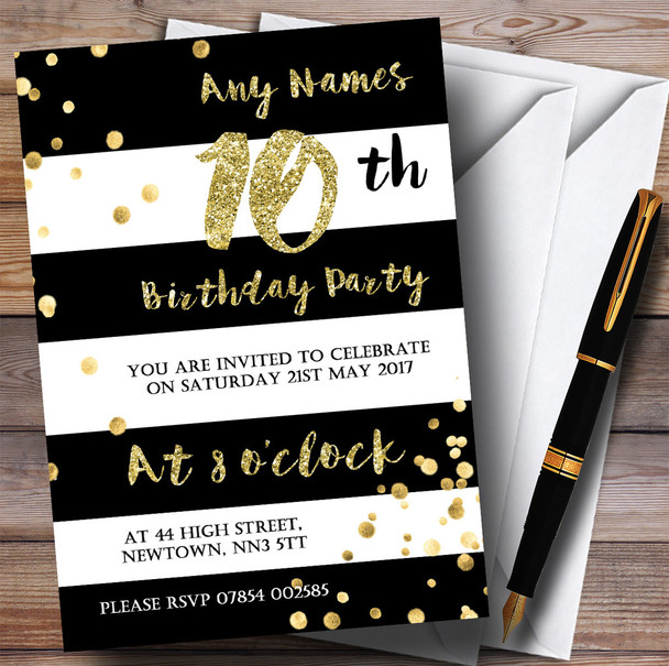 Black & White Stripy Gold Confetti 10th Personalized Birthday Party Invitations