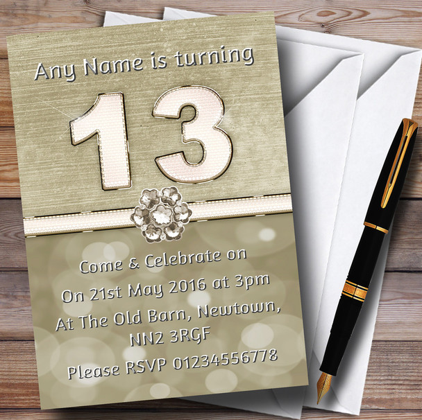 Titanium Gold And White 13Th Personalized Birthday Party Invitations