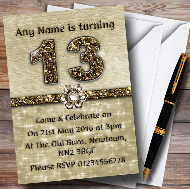 Titanium Gold Sparkly 13Th Personalized Birthday Party Invitations