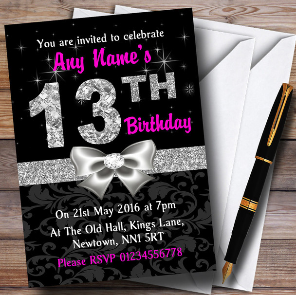 Pink Black Silver Diamond 13Th Birthday Party Personalized Invitations
