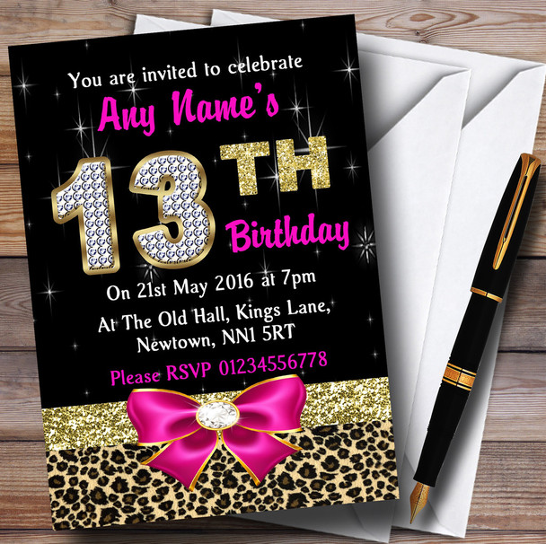 Pink Diamond And Leopard Print 13Th Birthday Party Personalized Invitations
