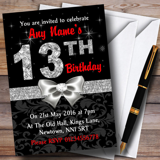 Red Black Silver Diamond 13Th Birthday Party Personalized Invitations